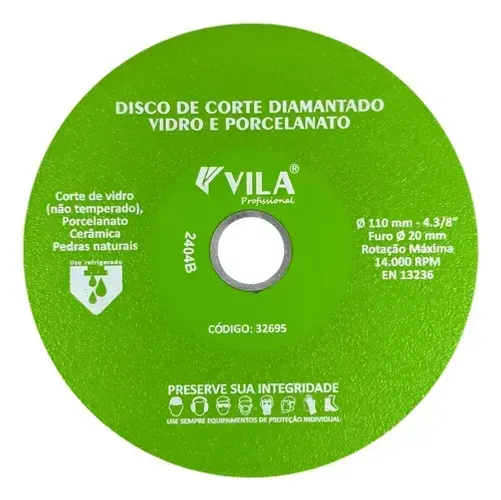 Disco Diamantado Para Vidro Porcelanato Cerâmica 110mm Furo 22,22mm Vila