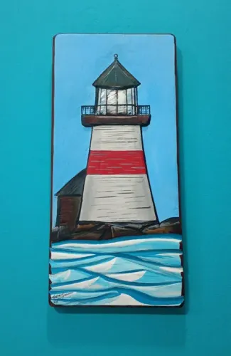 Placa para parede de madeira entalhada a mão - O Farol e O Oceano<br><br>