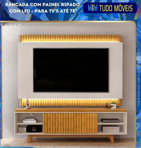 RACK COM PAINEL RIPADO COM LED PARA TV'S ATÉ 75 POLEGADAS