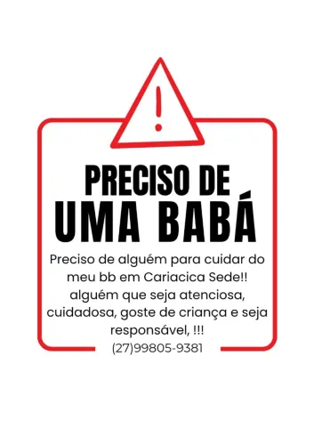 Vaga para babá turno tarde/noite