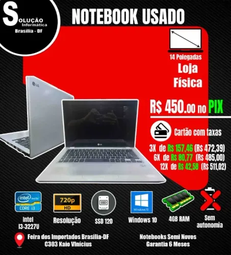Notebook LG Intel Core I3-3227U 4GB RAM SSD 120GB Win 10 14* Polegadas Bateria RUIM