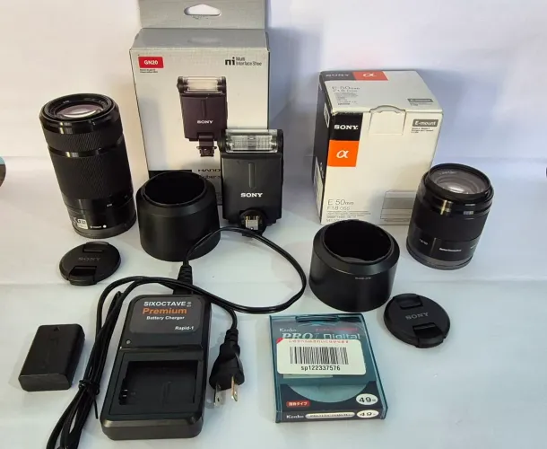 Lentes Sony, flash, carregador, bateria