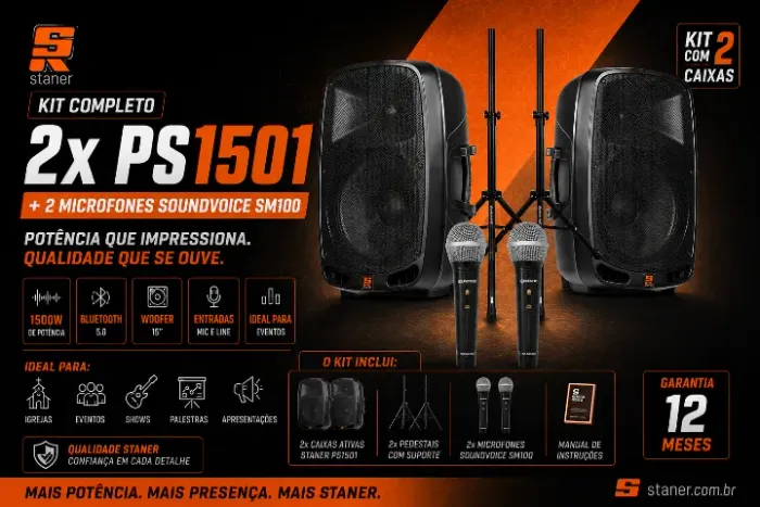 KIT 2 CAIXAS STANER + 2 MICROFONES SOUNDVOICE SM-100