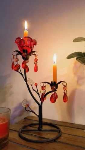 castiçal candelabro vermelho floral de duas velas ferro e vidro decoração vela antigo arte
