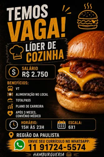 Vagas Hamburgueria - salário até R$2750