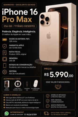 ? iPhone 16 Pro Max 256 GB - Titânio Deserto | Estado de Novo | Garantia Apple