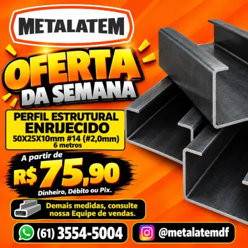 Perfil Estrutural Enrijecido 50x25x10mm Chapa 14 (2,00mm) - Barra 6 Metros