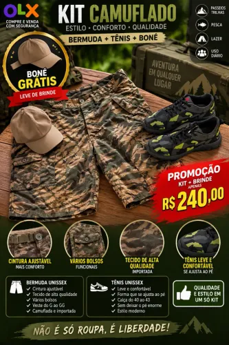 Bermuda Camuflada Importada Kit com Tênis Camuflado e Lindo Boné de Brinde