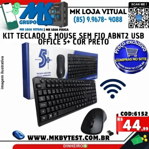 kit Teclado e Mouse Sem Fio ABNT2 USB Office 5+ Cor Preto