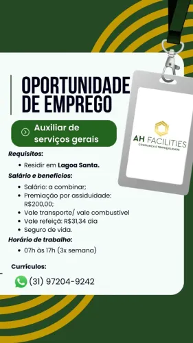 VAGAS DE AJUDANTE GERAL / AUXILIAR SERVIÇOS GERAIS / SERRALHEIRO