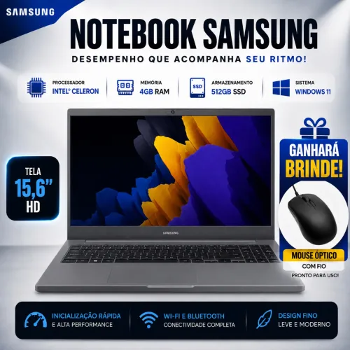 Notebook Samsung Intel Celeron 4GB RAM 512GB SSD 15.6? HD Windows 11 Wi-Fi Bluetooth