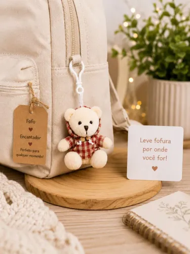 Chaveiro Urso de Pelúcia Branco - Casaco Xadrez | AP TOYS
