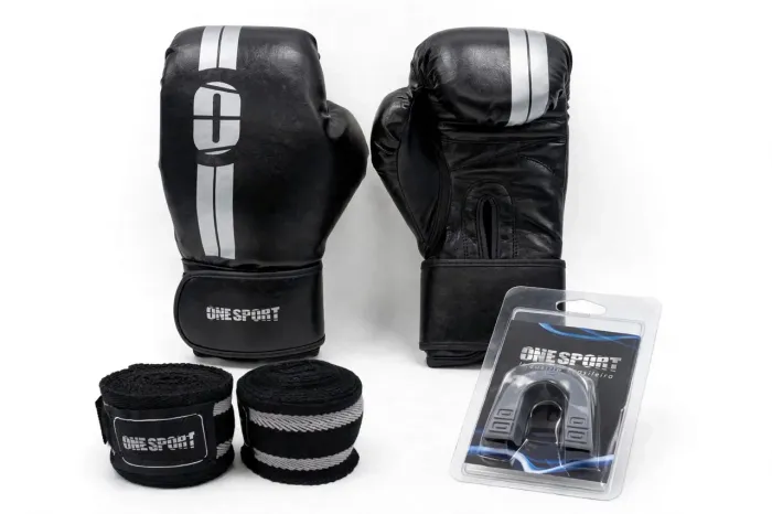 KIT BOXE MUAY THAI ONE SPORT - Luvas + Bandagem + Protetor bucal + Bolsa - NOVO<br>