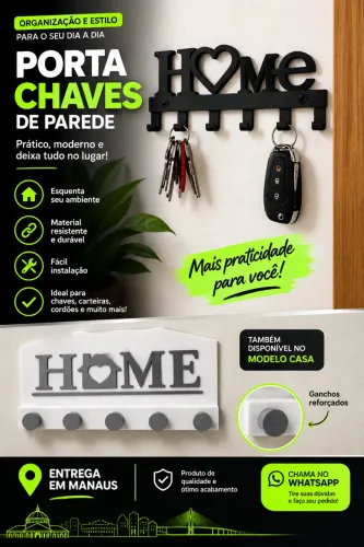 Porta Chaves de Parede HOME - 5 Ganchos | Decoração e Organização