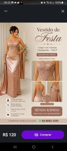 Vestido longo de festa champanhe com encharpe - Tam P l Estado de novo