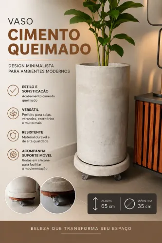 Vaso plantas cimento cinza com rodas