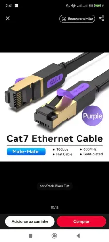 Cabo Ethernet CAT7 Vention RJ45 10Gbps 600MHz Flat 1.5m Preto STP Alta Velocidade
