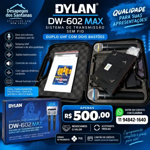 MICROFONE DYLAN DW-602 MAX<br>Sistema de transmissão sem fio, duplo UHF com dois bastões!