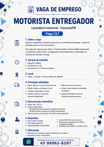 VAGA DE EMPREGO: MOTORISTA ENTREGADOR