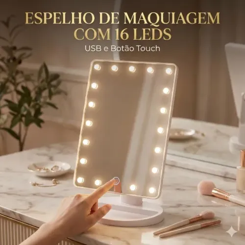 Espelho de Maquiagem BM-F1070 Com 16 LEDs USB Botão Touch Design Compacto