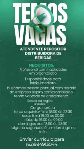 Vaga de emprego, ATENDENTE REPOSITOR DISTRIBUIDORA DE BEBIDAS