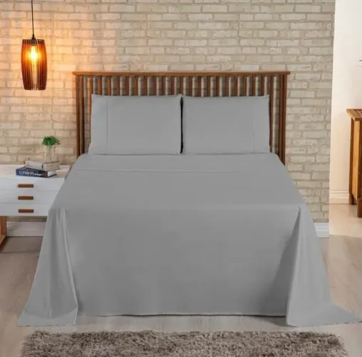 Jogo de Cama Casal 4 Peças MicroPercal 400 Fios Ponto Palito Cinza 