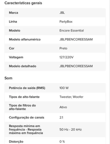 Caixa De Som Bluetooth Partybox Encore Essential 100w Jbl Cor Preto 127/220v