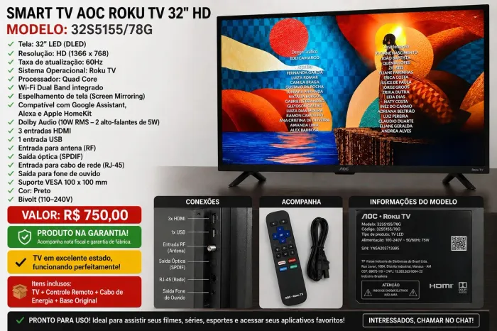 Smart TV 32" AOC HD Smart TV Nova na Garantia