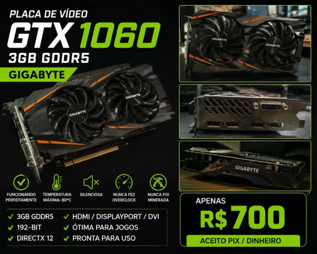 GTX 1060 3GB Gigabyte DDR5 Placa de Vídeo Funcionando Perfeitamente