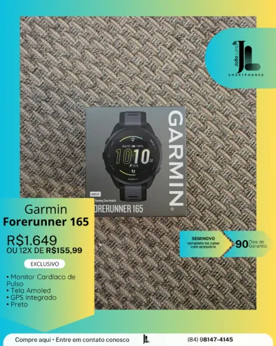 RELÓGIO GARMIN FORERUNNER 165, PRETO, SEMINOVO, EXCLUSIVO!