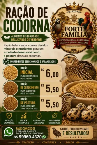 Ração para codorna. Todas as fases 