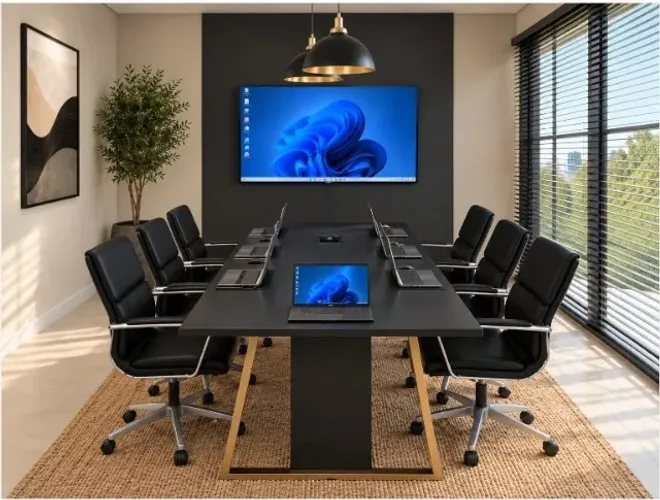 Mesa de Reunião Trapeze Gold. Com Painel e Cxs. de Tomadas. L272cm x P130cm x A74cm