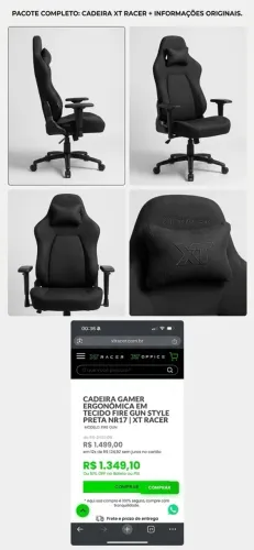 Cadeira Gamer Ergônomica XT Racer Fire Gun Style Preta - Tecido Respirável / NR17