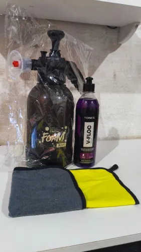 Kit Lava-Auto Completo: Shampoo V-FLOC + Pulverizador de Espuma + Pano de Microfibra