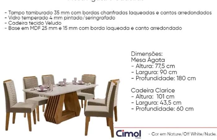 Sala mesa jantar com 6 cadeiras tampo de vidro