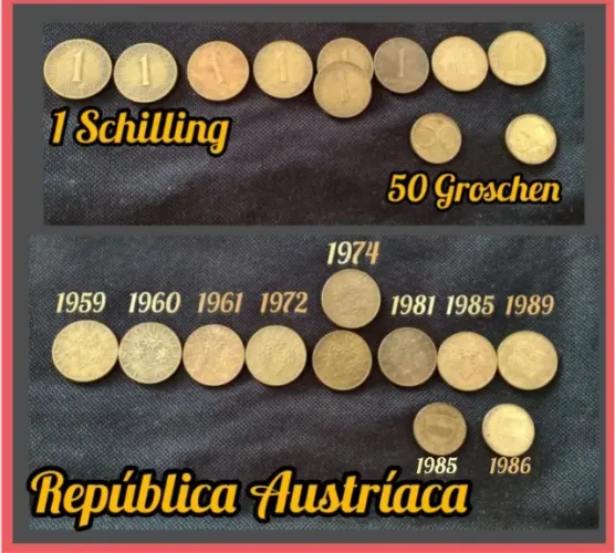Kit 11 moedas - Libras Esterlinas Austríacas 1 Schilling (9x) e 50 Groschen (3x)