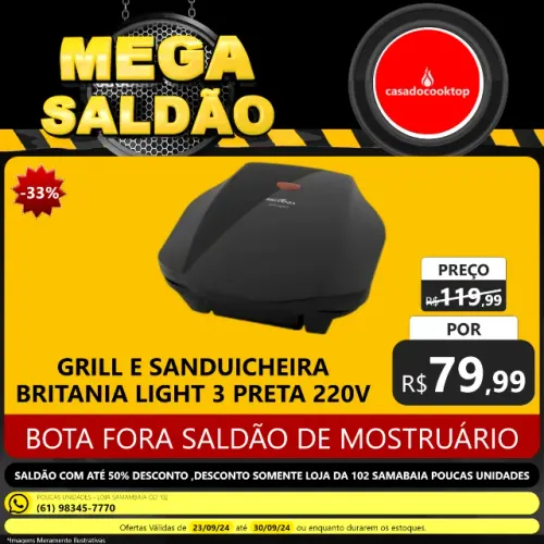 Grill e sanduicheira britania light 3 preta 220v