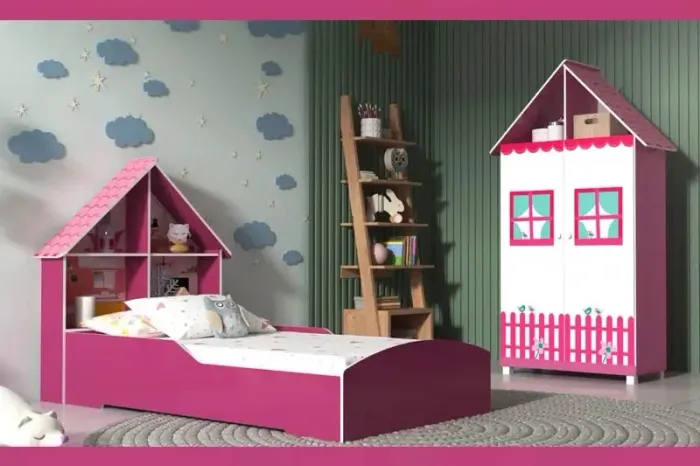 Roupeiro + Cama Casinha Rosa/Branco 100%MDF rf75