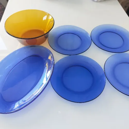 Pratos de Jantar Duralex com Travessa Azul + Tigela Âmbar Década de 80