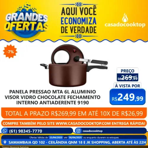 PANELA PRESSAO MTA 6L ALUMINIO VISOR VIDRO CHOCOLATE FECHAMENTO INTERNO ANTIADERENTE 9190