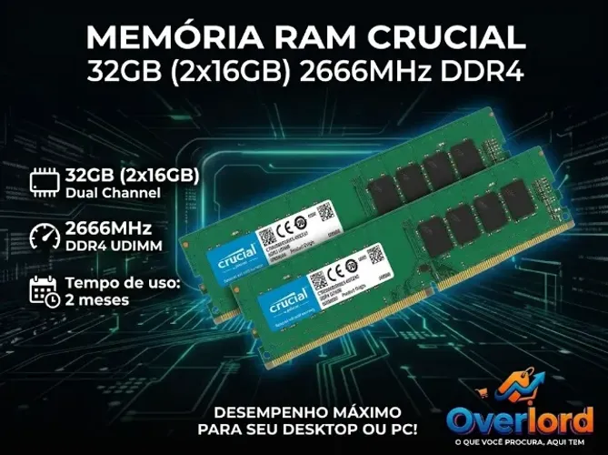 Memória Ram Crucial Para Desktop 32gb (2x16gb) 2666mhz (Tempo de uso: 2 meses)