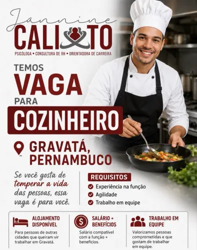 Cozinheiro em Gravatá (com alojamento)