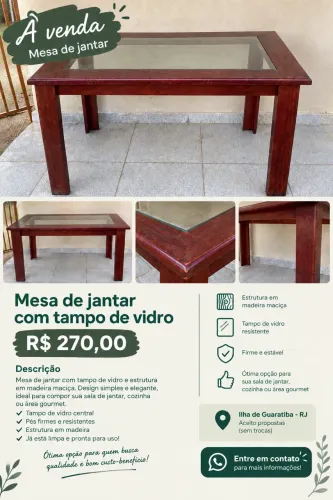 Mesa de madeira maciça com tampo de vidro