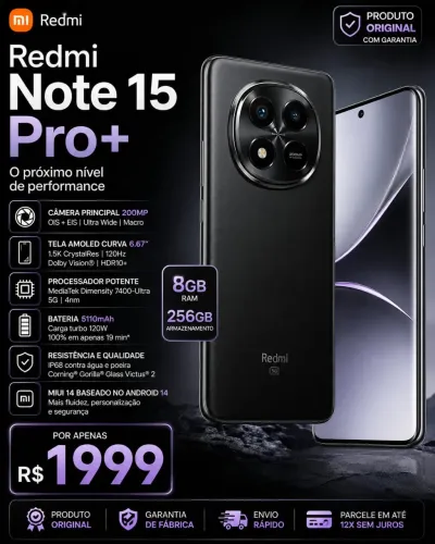 Xiaomi RedMi Note 15 Pro+ 8GB 256GB Preto Novo Lacrado
