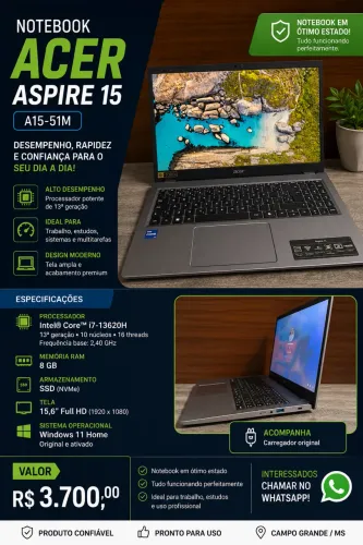     . Notebook Acer Aspire 15 i7 13ª Geração | Estado de Novo