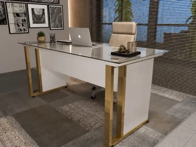 Mesa de Escritório Gold Negretta Com vidro Temperado 8mm. L105CM X P55cm x A74CM. 1 gaveta