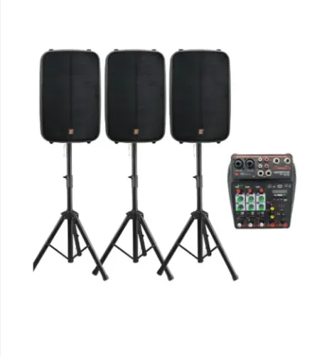 3 Caixas Ativas Staner 300W 2 Vias Bluetooth Rádio FM SR315M Preta + Tripé + Mesa de som