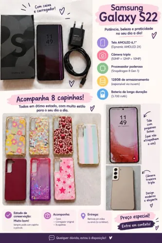 Samsung Galaxy S22 128GB + Caixa + Carregador + 8 Capinhas - R$ 850