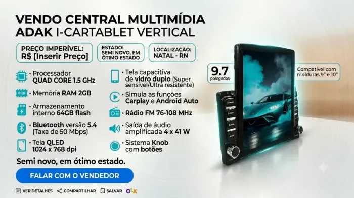 Multimidia Universal Tesla 2gb 64gb Carplay 9,7p Adak