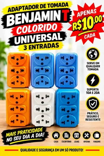 Adaptador de tomada benjamin T universal 3 entradas 10A 20A